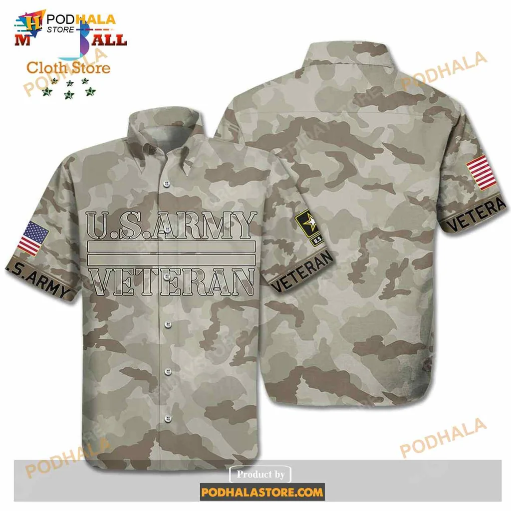 Us Army Veteran Aloha Hawaiian Shirt With Camouflage Pattern