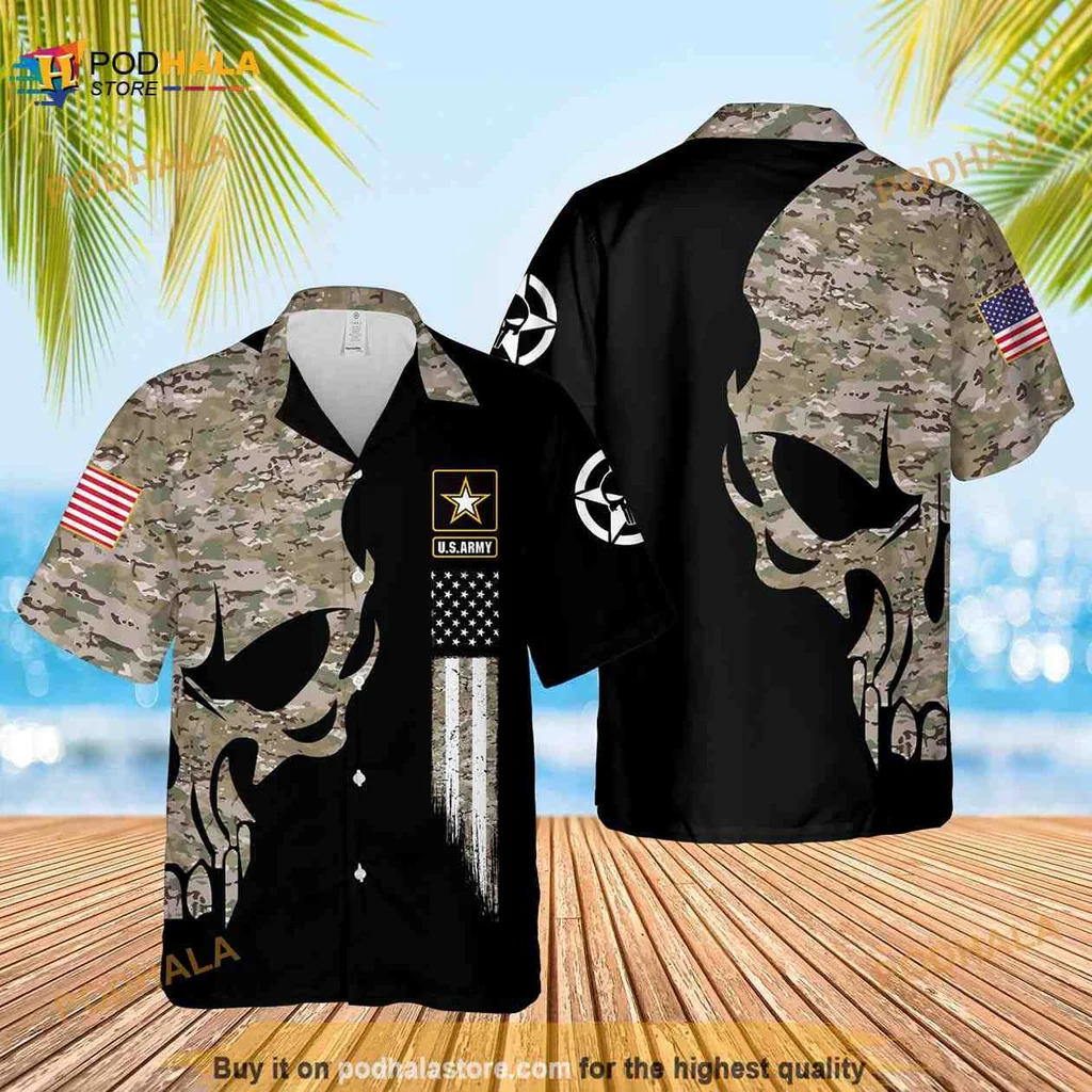 Us Army Veteran Camo Pattern Hawaiian Shirt With Skull Graphic