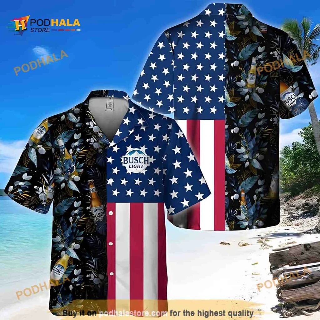 Us Flag Busch Light Hawaiian Shirt With Tropical Design