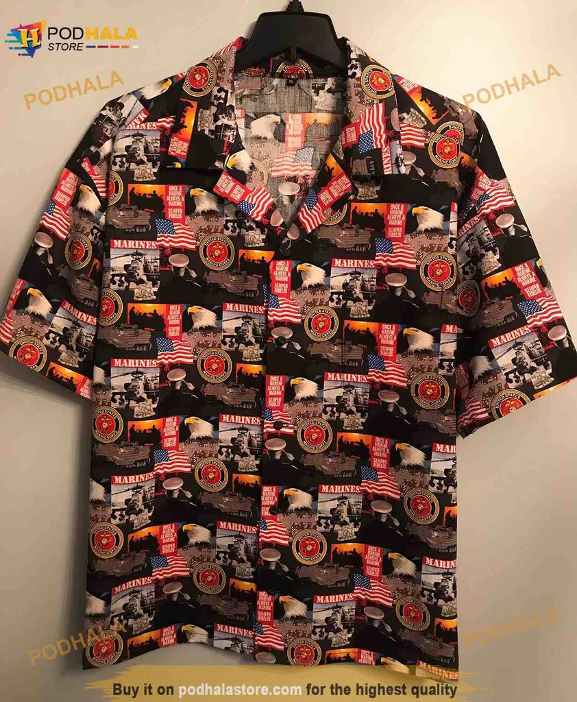 Us Marines Patriotic Hawaiian Shirt With Bold Colors And Emblem