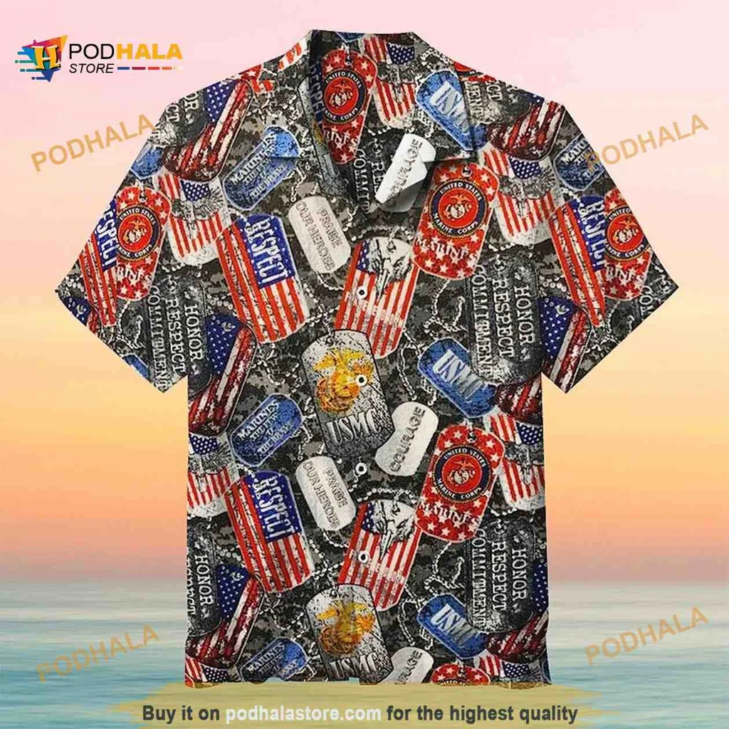 Us Marines Patriotic Hawaiian Shirt With Dog Tags And American Flag