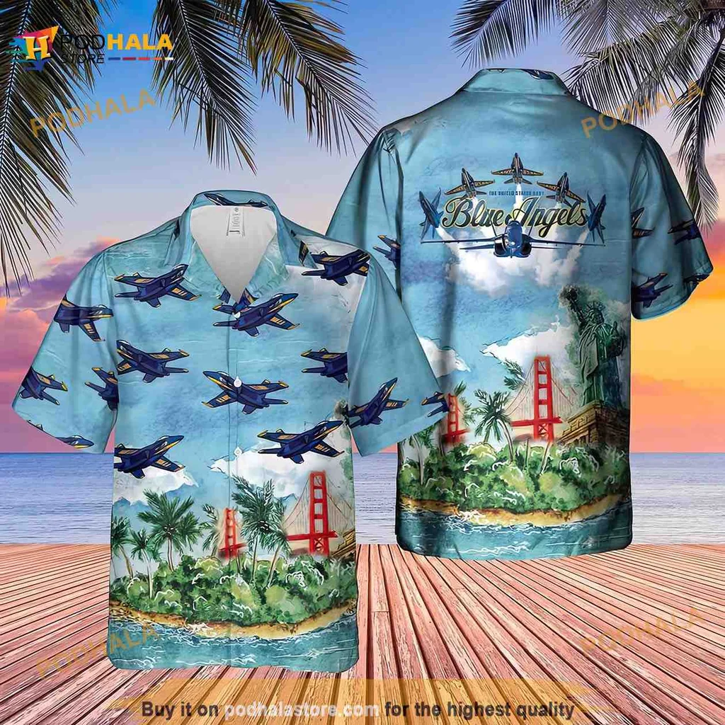 Us Navy Blue Angels Hawaiian Shirt Featuring Vibrant Fighter Jets