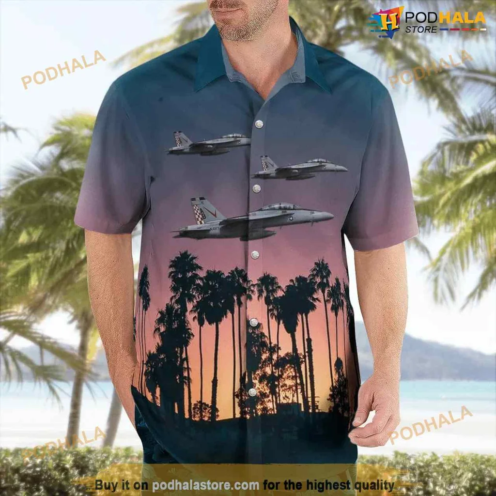 Us Navy Fighter Jets Aloha Shirt With Sunset And Palm Tree Design