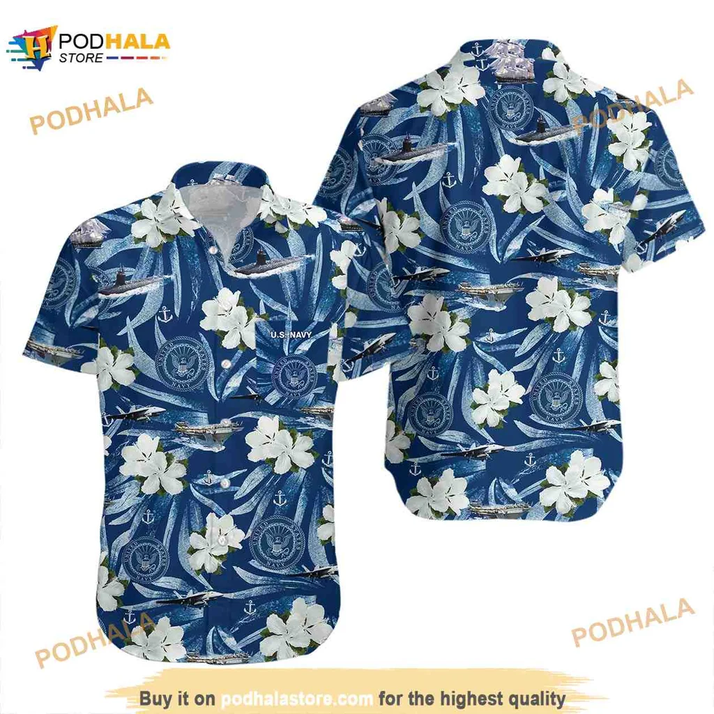 Us Navy Floral Hawaiian Shirt With Hibiscus And Nautical Elements
