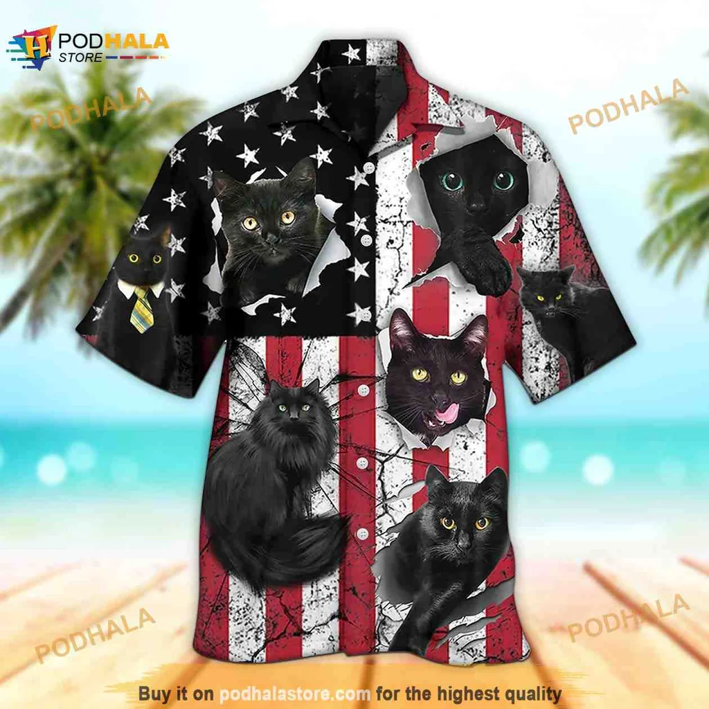 Usa Flag Cat Hawaiian Shirt For Independence Day Fun