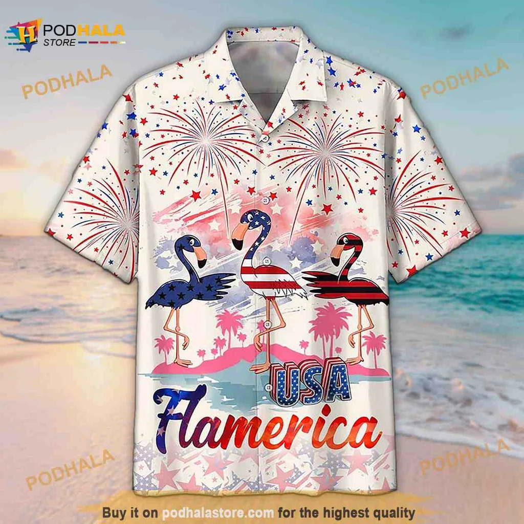 Usa Flamerica Hawaiian Shirt With Colorful Fireworks And Flamingos