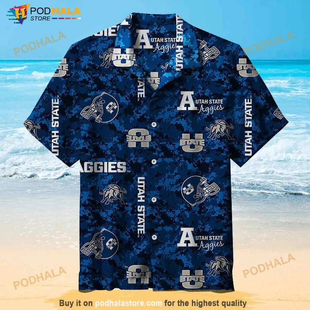 Utah State Aggies Hawaiian Shirt With Bold Camouflage Design