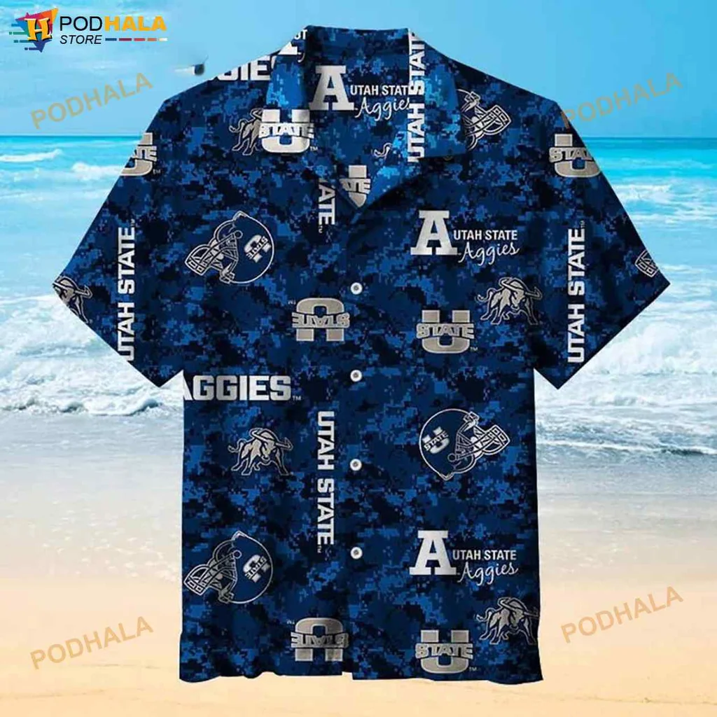 Utah State University Football Hawaiian Shirt With Camouflage Design