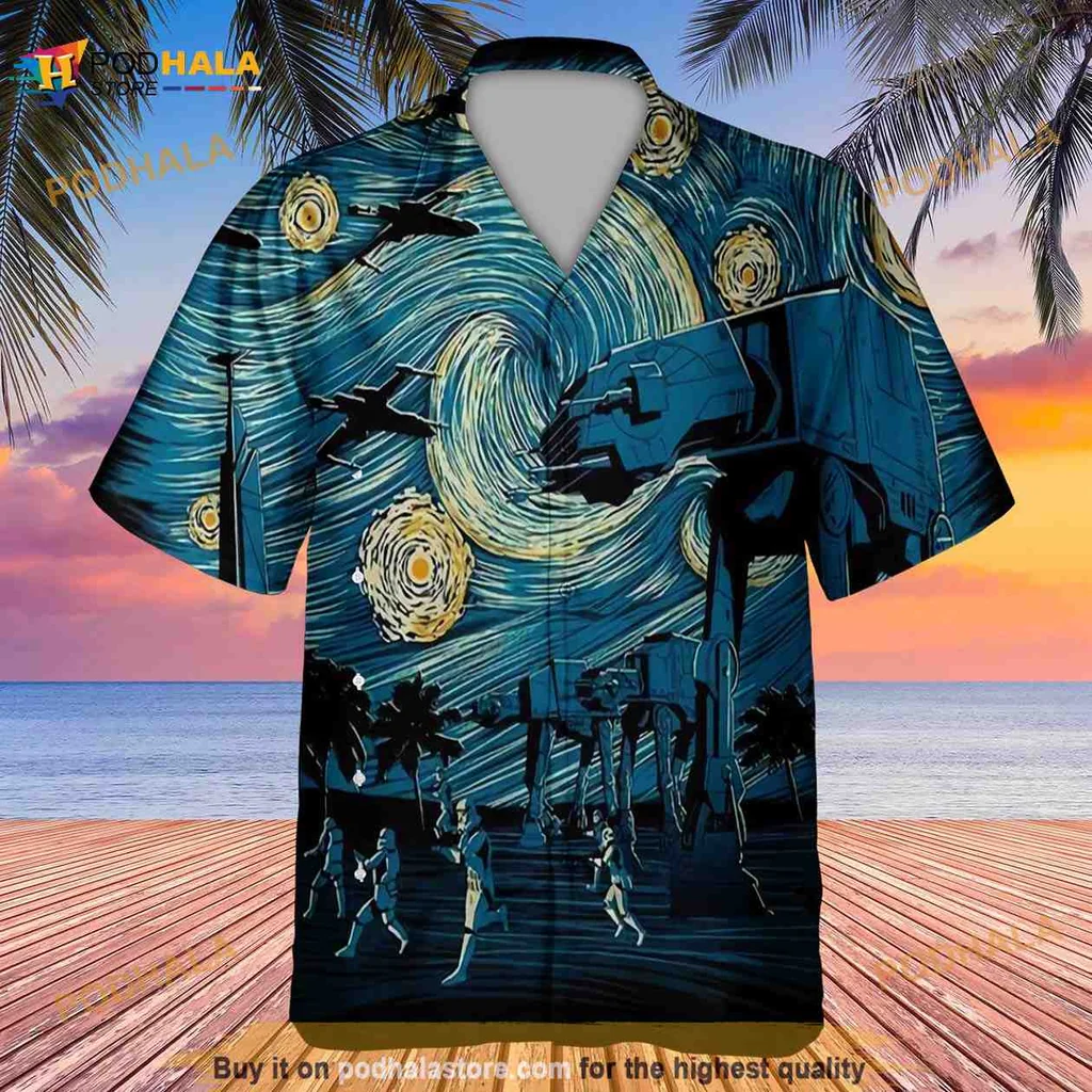 Van Gogh Star Wars Hawaiian Shirt With Artistic Design And Action Silhouettes