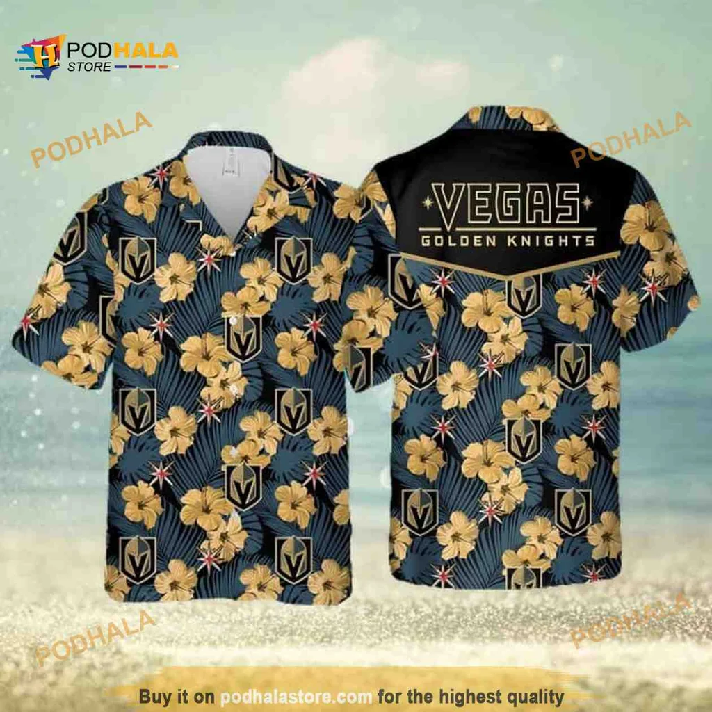 Vegas Golden Knights Aloha Shirt With Hibiscus Flowers And Tropical Leaves