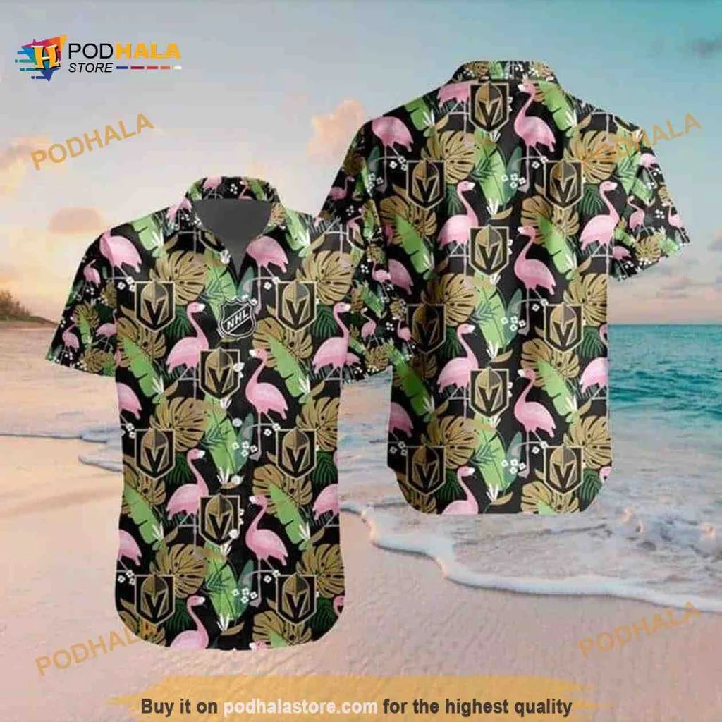 Vegas Golden Knights Flamingo Aloha Shirt With Tropical Leaves