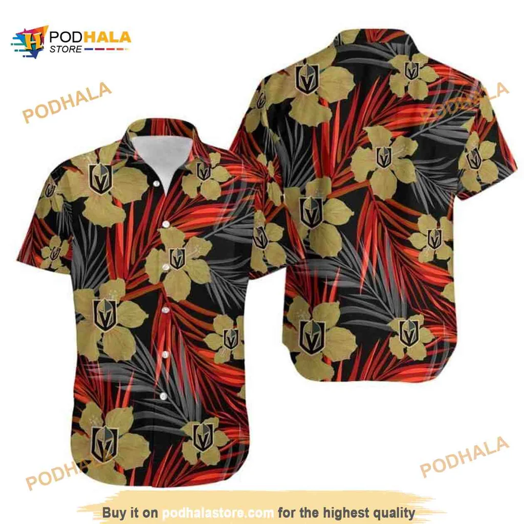 Vegas Golden Knights Hawaiian Shirt With Hibiscus Flowers And Palm Leaves