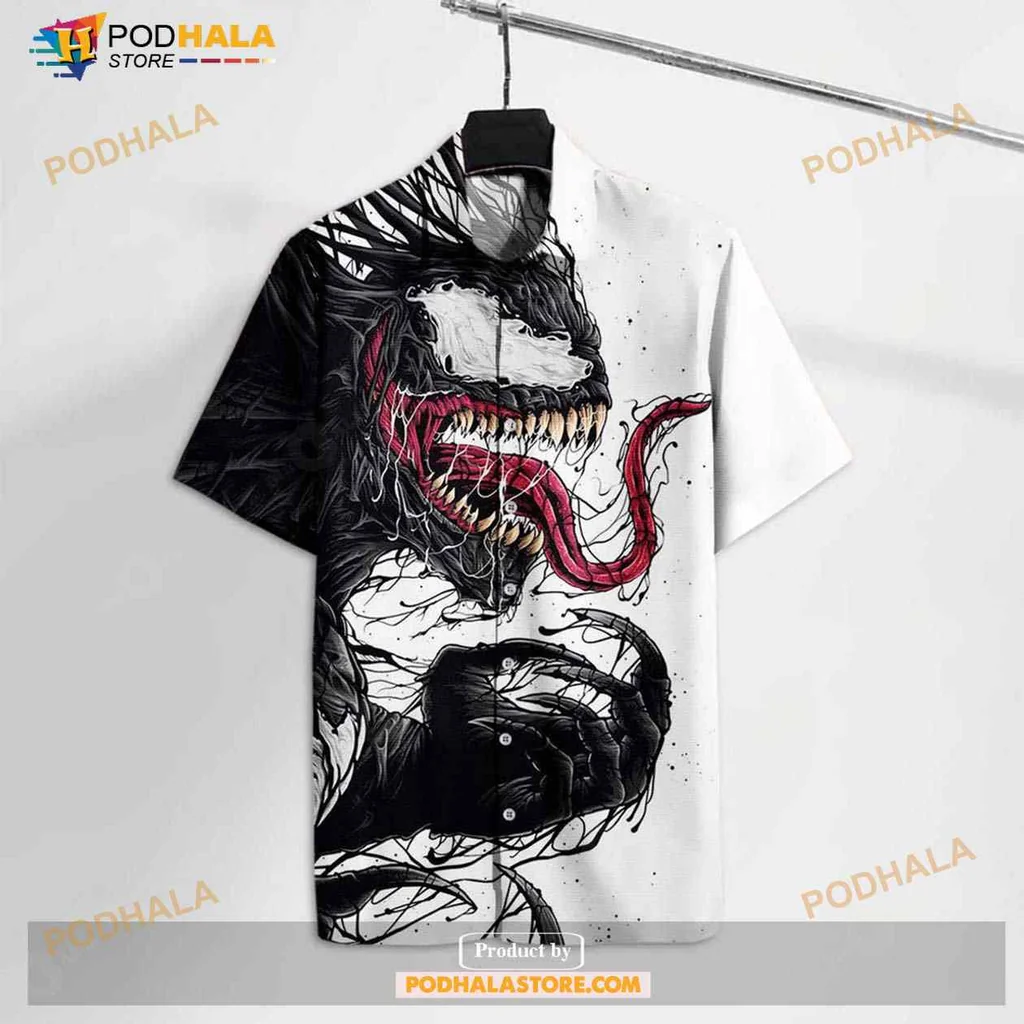 Venom Comic Character Hawaiian Shirt, Black And White Graphic Design