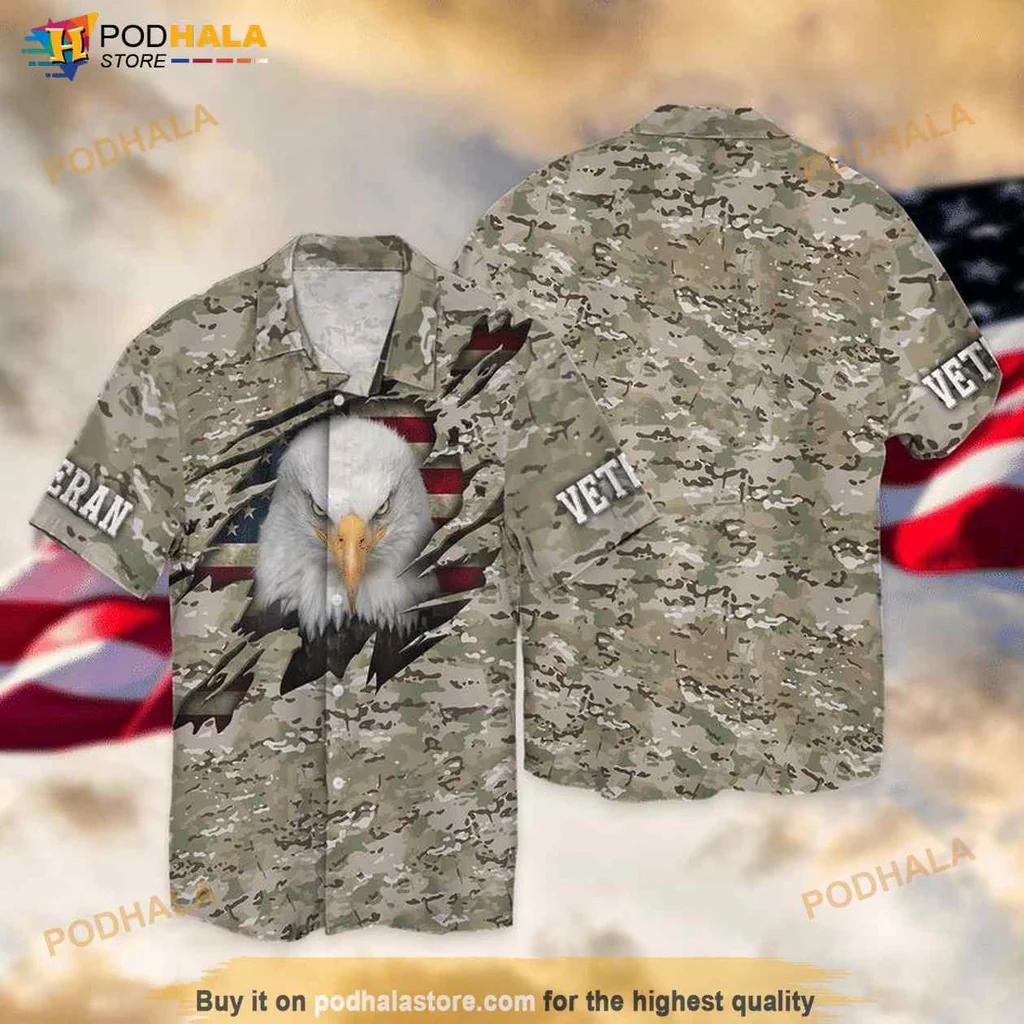 Veteran Eagle American Flag Hawaiian Shirt With Camouflage Design