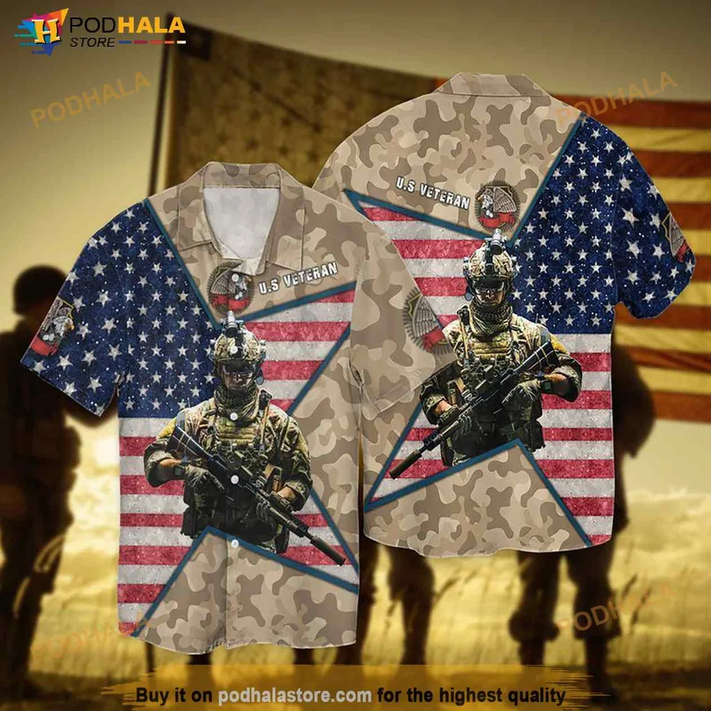 Veteran Patriotic Hawaiian Shirt Featuring Soldier And American Flag