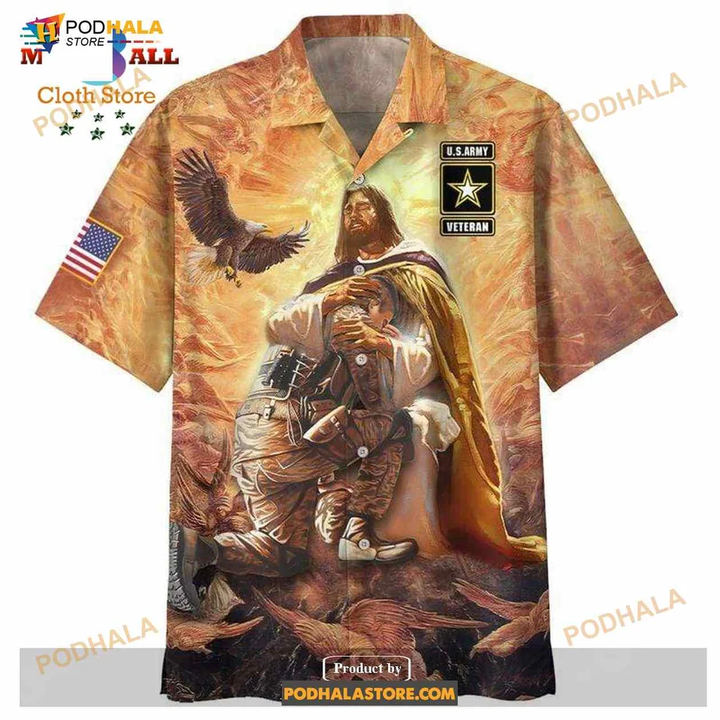 Veteran Patriotic Hawaiian Shirt With Military Eagle And Cross Design