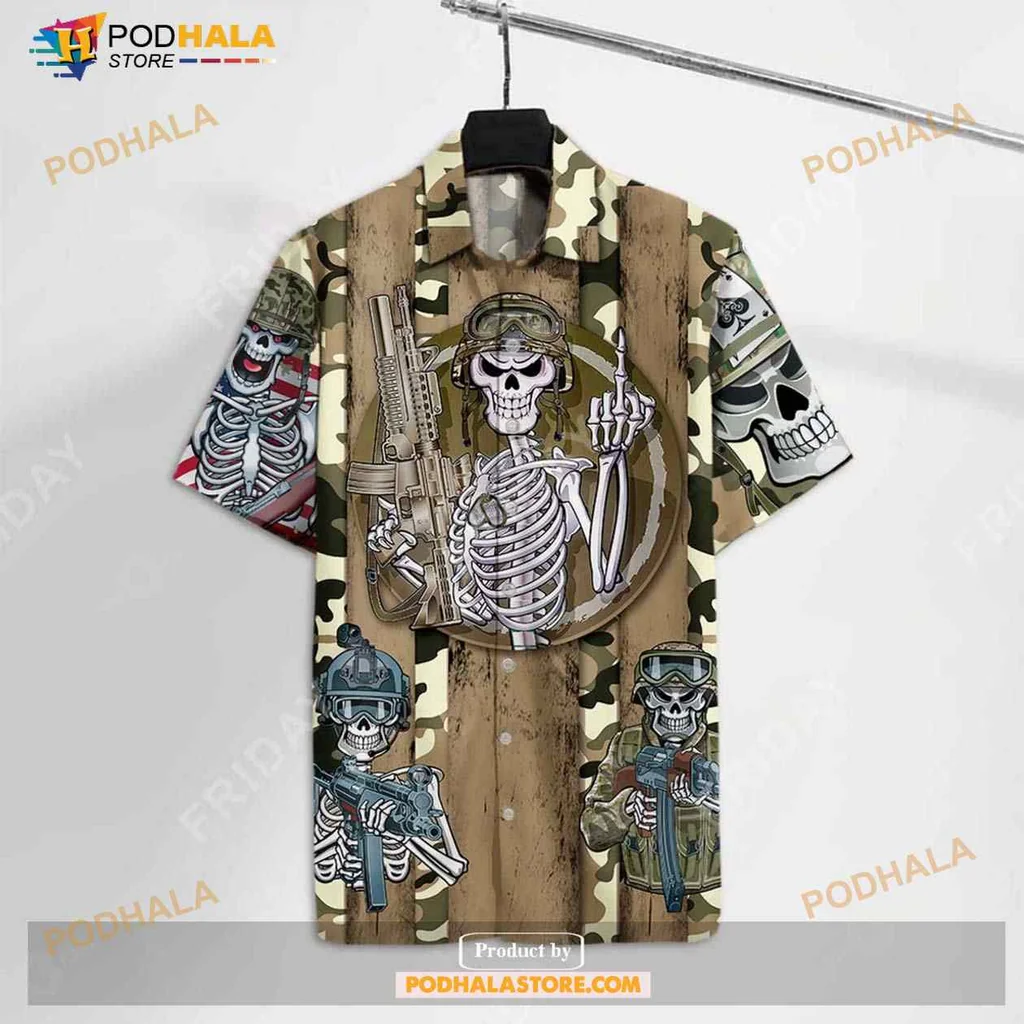 Veteran Skeleton Military Aloha Shirt With Camouflage Design