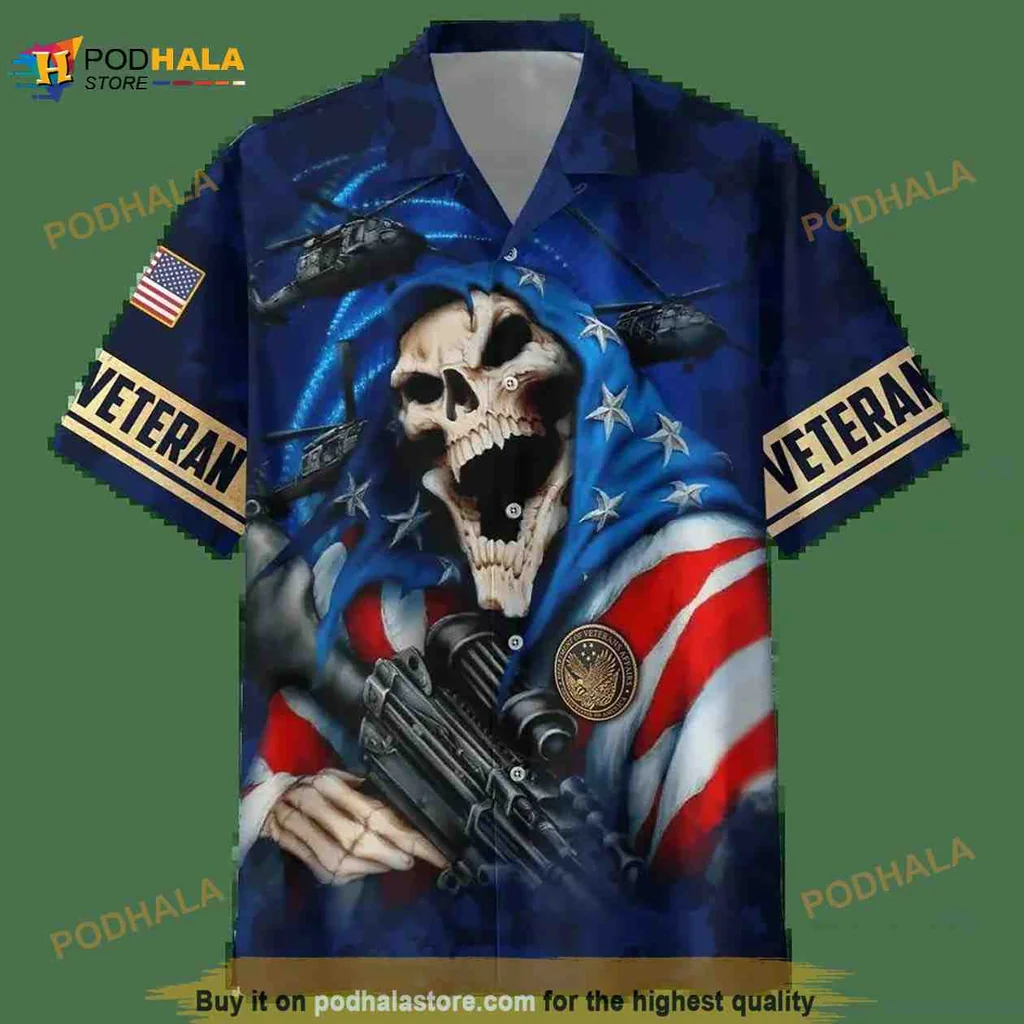Veteran Skull American Flag Hawaiian Shirt With Military Design