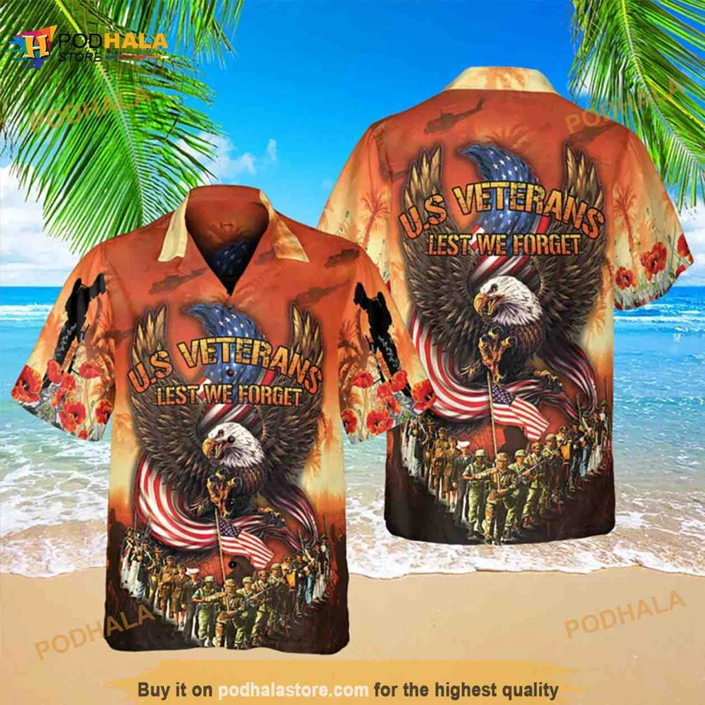 Veterans Aloha Shirt Featuring American Bald Eagle And Flag