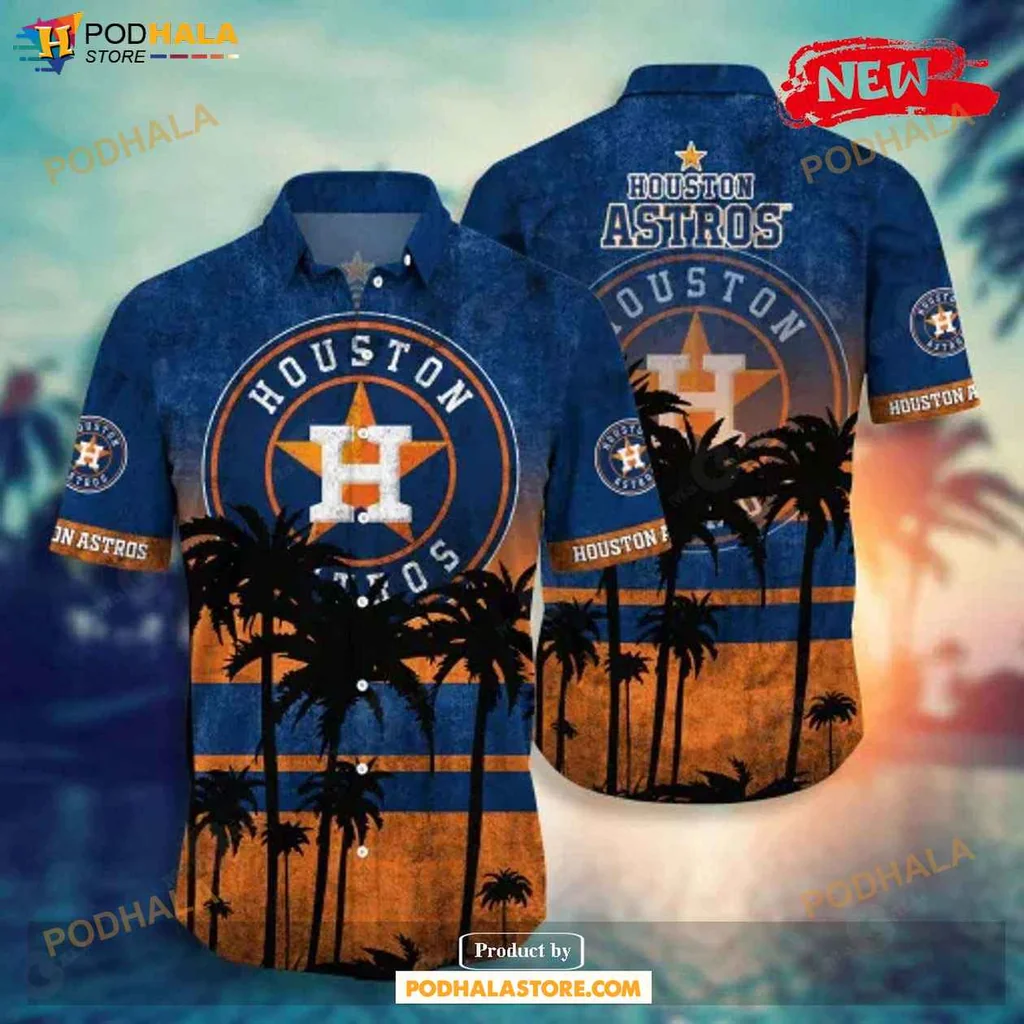 Vibrant Astros Aloha Shirt, Tropical Sunset Palm Tree Design Hawaiian Shirt