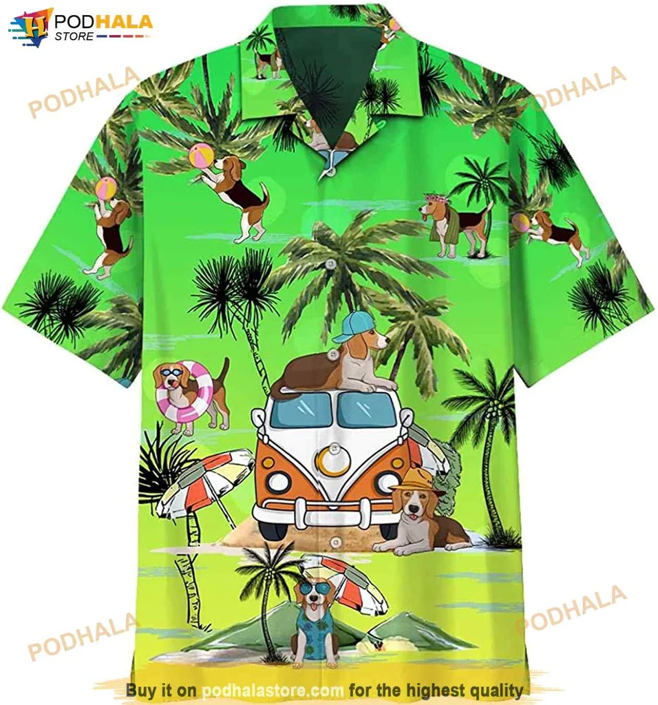 Vibrant Beagle Beach Hawaiian Shirt, Green Tropical Design With Dogs And Palm Trees