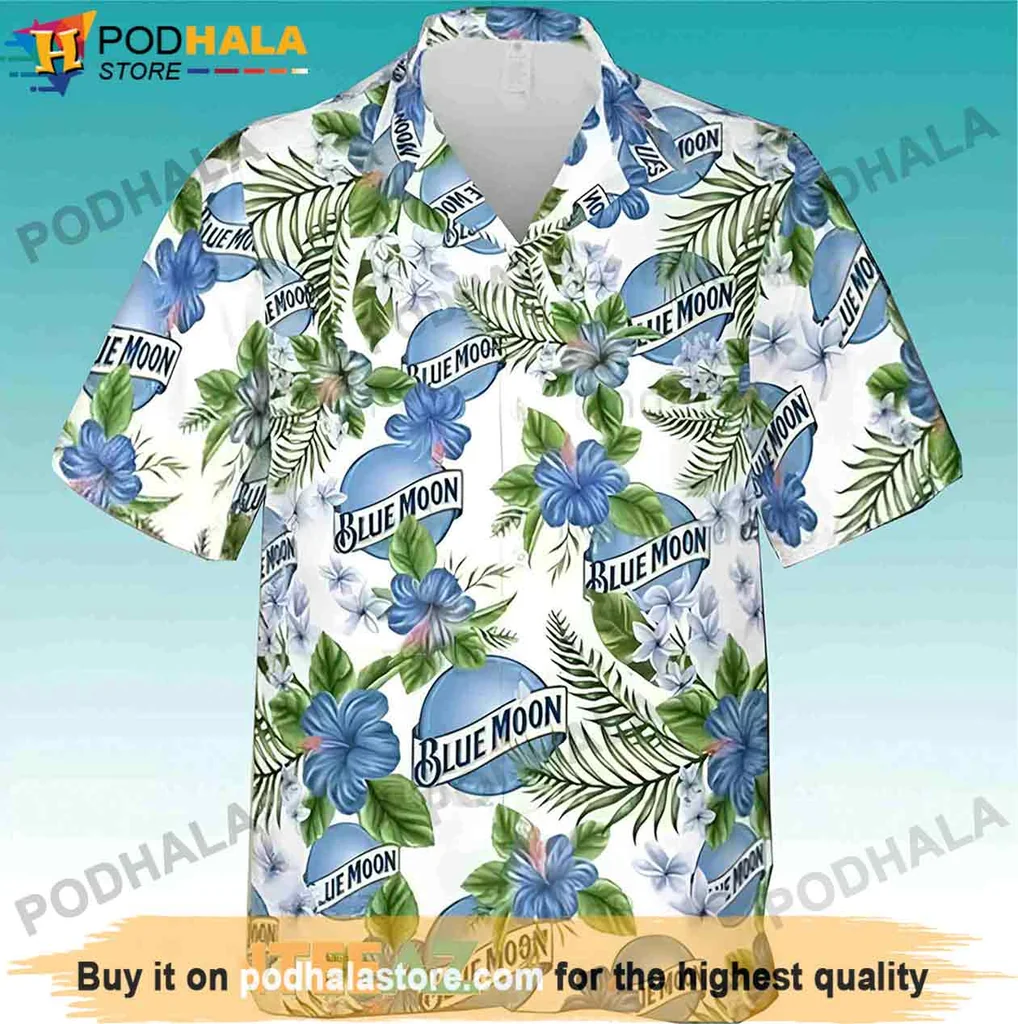 Vibrant Blue Moon Hawaiian Shirt, Tropical Floral Design For Beer Lovers