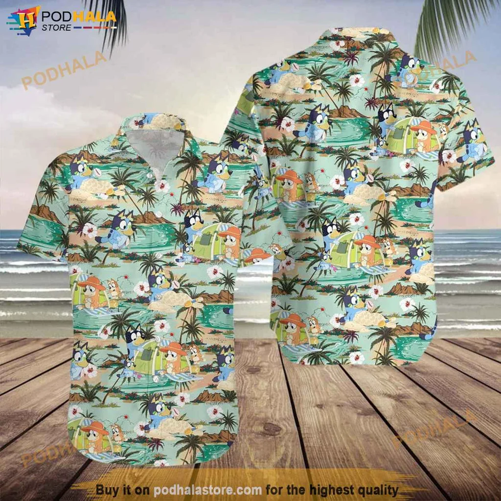 Vibrant Bluey Character Hawaiian Shirt, Summer Beach Design With Bluey And Bingo