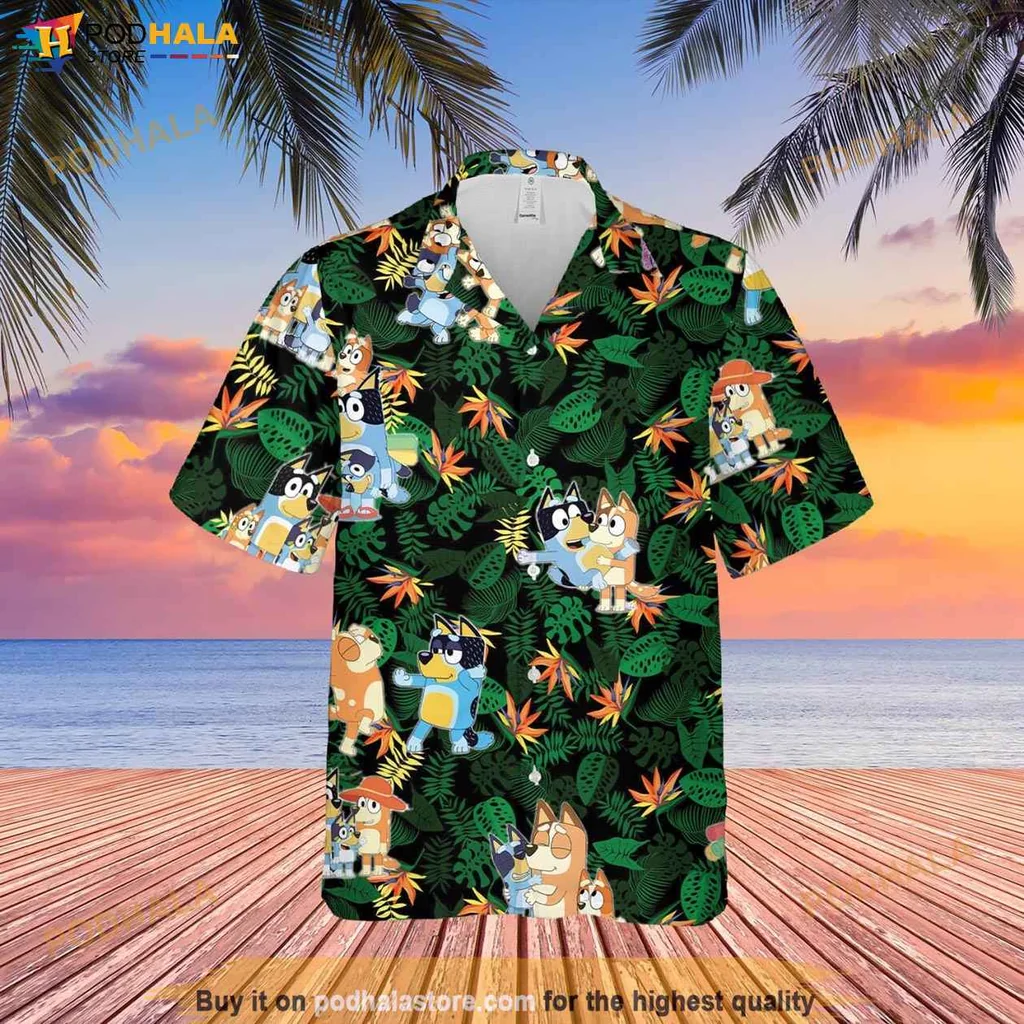 Vibrant Bluey Dog Hawaiian Shirt, Colorful Kids Shirt With Cartoon Characters