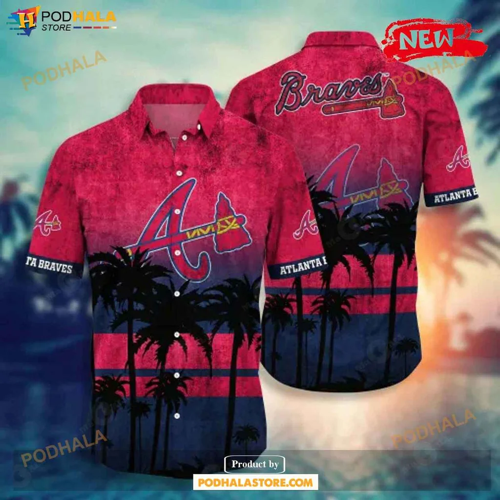 Vibrant Braves Aloha Shirt, Atlanta Braves Sunset Palm Tree Design Shirt