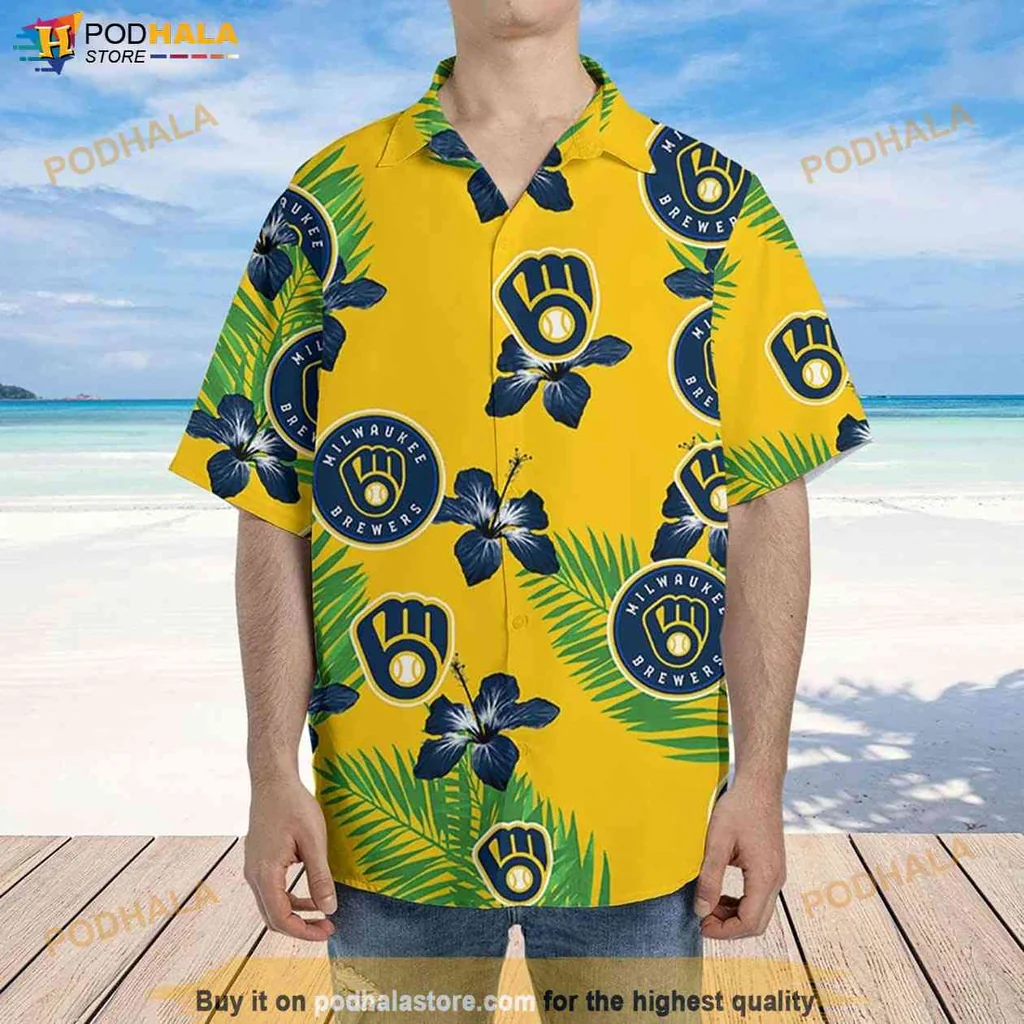 Vibrant Brewers Aloha Shirt, Hibiscus Flower Pattern For Mlb Fans