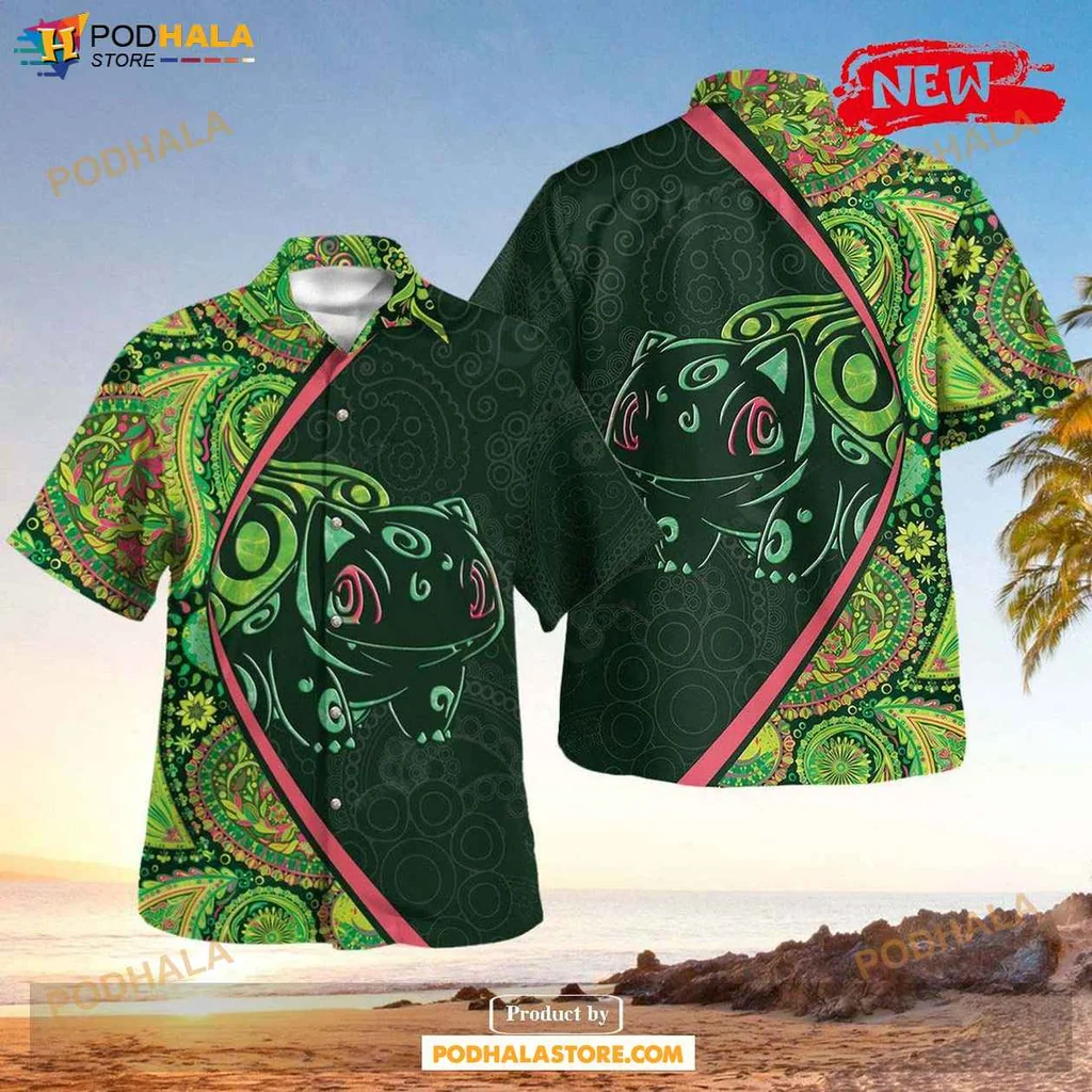 Vibrant Bulbasaur Aloha Shirt, Tropical Paisley Design For Men And Women