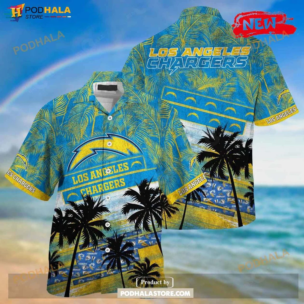 Vibrant Chargers Aloha Shirt, Los Angeles Chargers Summer Palm Tree Design Shirt