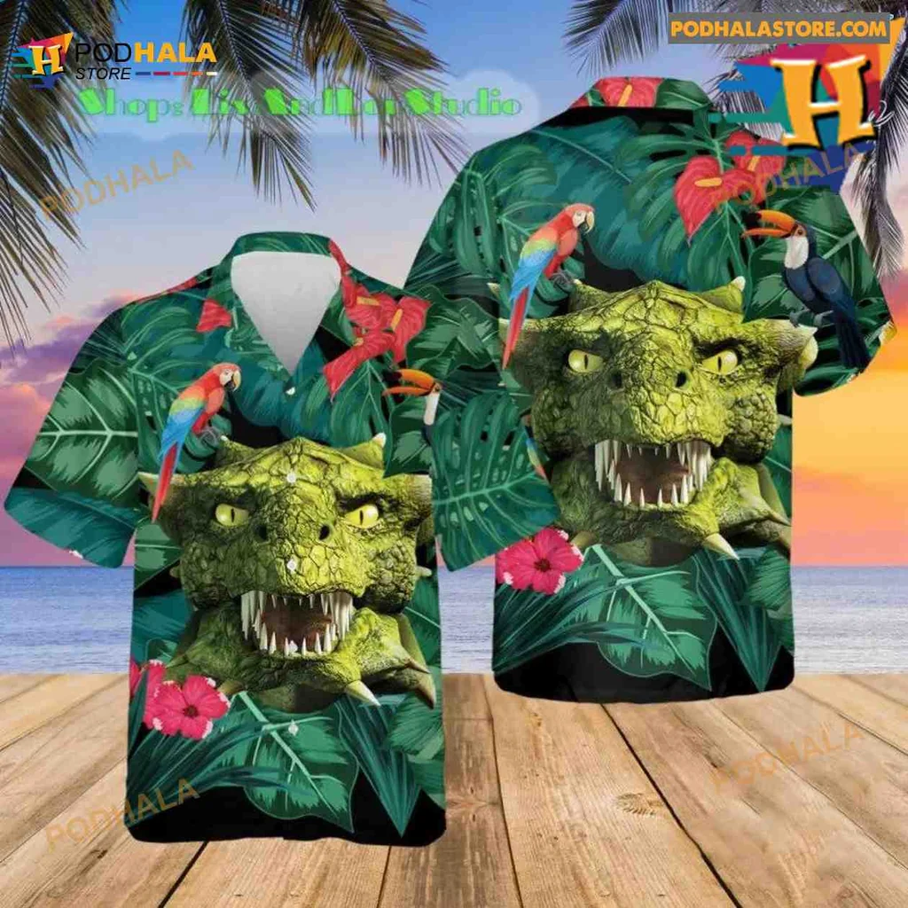 Vibrant Dragon Tropical Hawaiian Shirt With Lush Foliage And Colorful Parrots