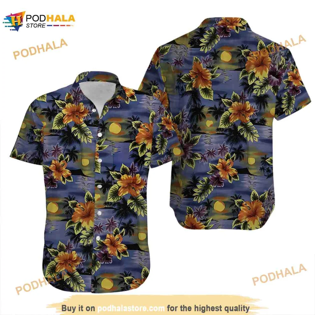 Vibrant Floral Aloha Shirt With Tropical Palm Leaves And Sun Motifs