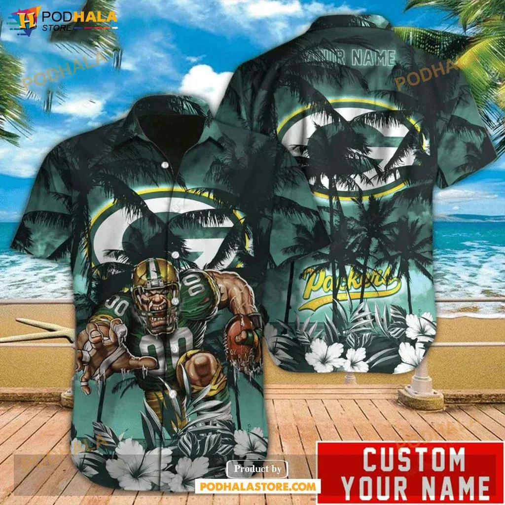 Vibrant Green Bay Packers Hawaiian Shirt With Tropical Design And Football Player