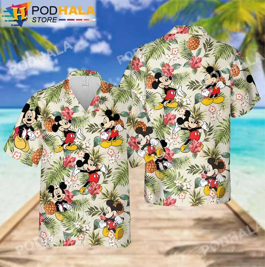 Vibrant Mickey Mouse Hawaiian Shirt, Floral Pattern With Tropical Elements