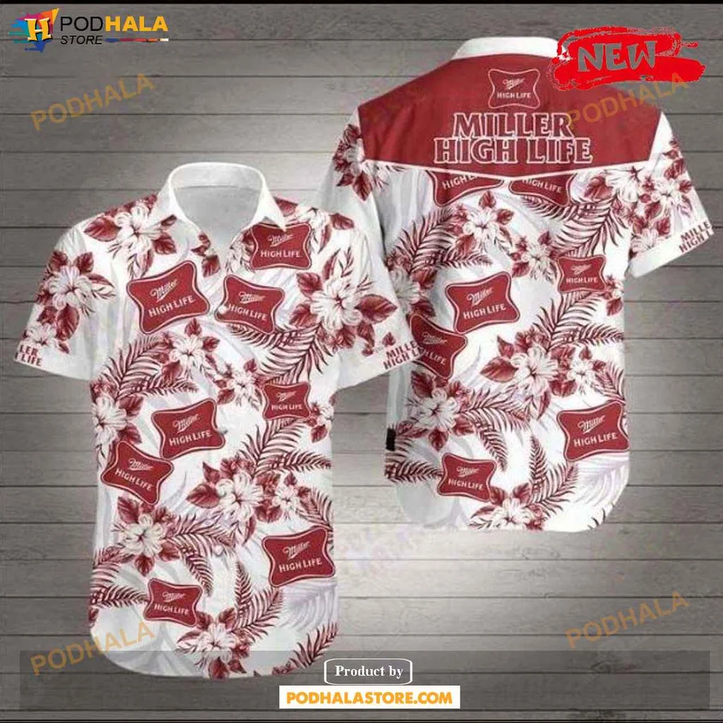 Vibrant Miller High Life Aloha Shirt, Tropical Design With Hibiscus Flowers