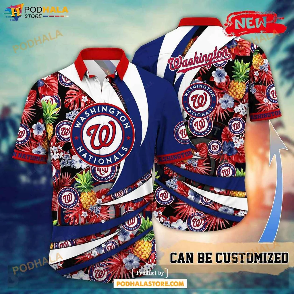 Vibrant Nationals Aloha Shirt, Floral Pineapple Design Summer Baseball Shirt
