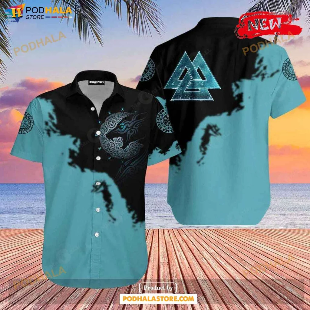 Vibrant Norse Mythology Hawaiian Shirt, Turquoise And Black Circular Design For Summer