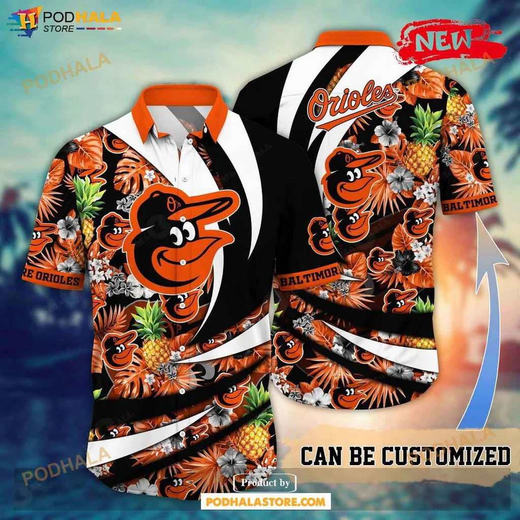 Vibrant Orioles Aloha Shirt, Summer Baseball Tee With Tropical Pineapples And Flowers