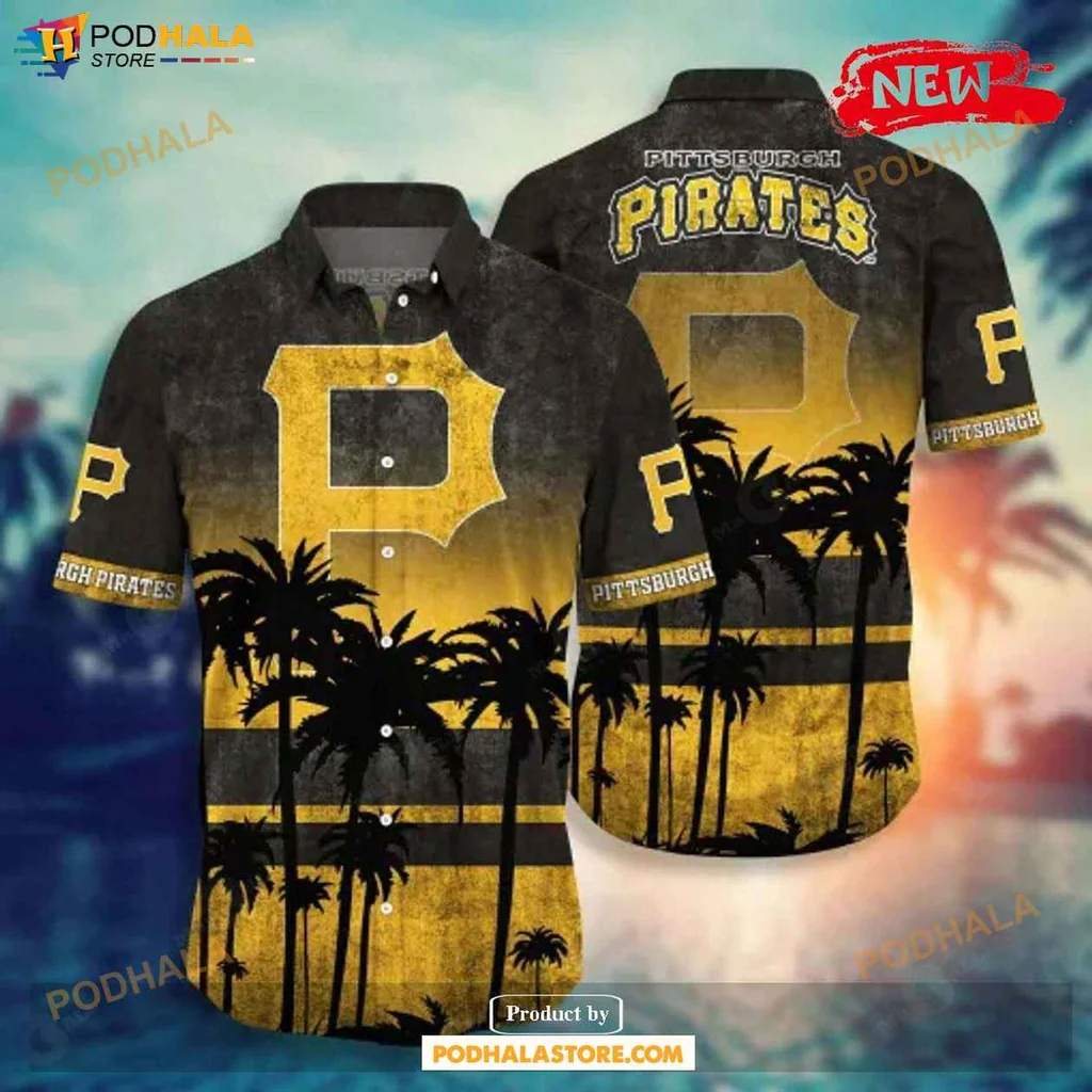 Vibrant Pirates Aloha Shirt, Tropical Sunset Design With Palm Trees