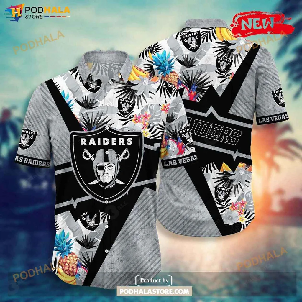 Vibrant Raiders Aloha Shirt, Personalized Black Floral Summer Football Shirt