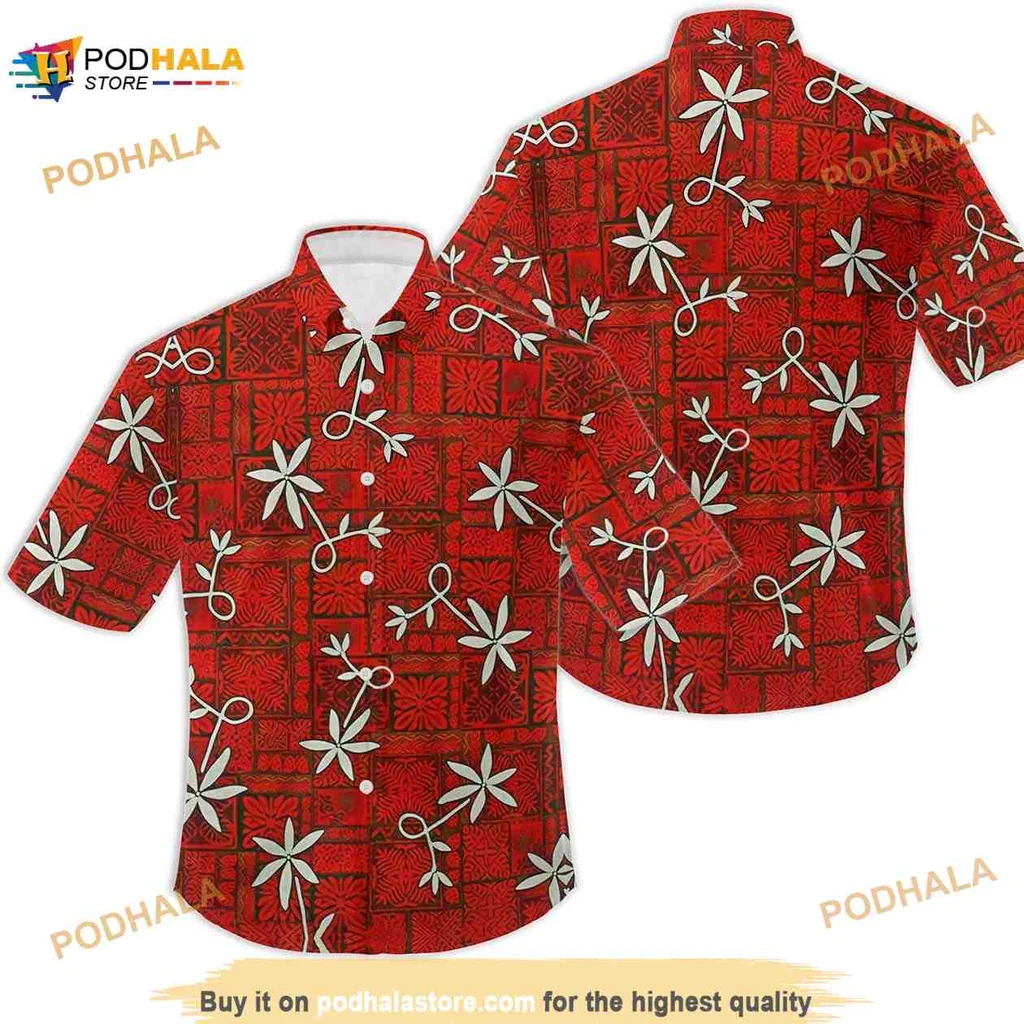 Vibrant Red Floral Aloha Shirt With Geometric Patterns
