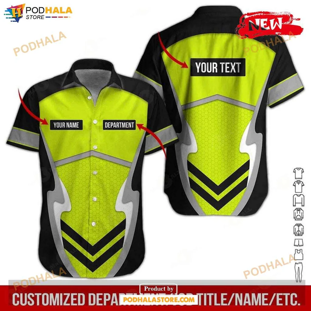 Vibrant Safety Workwear Hawaiian Shirt, Personalized Name Design In Bold Colors