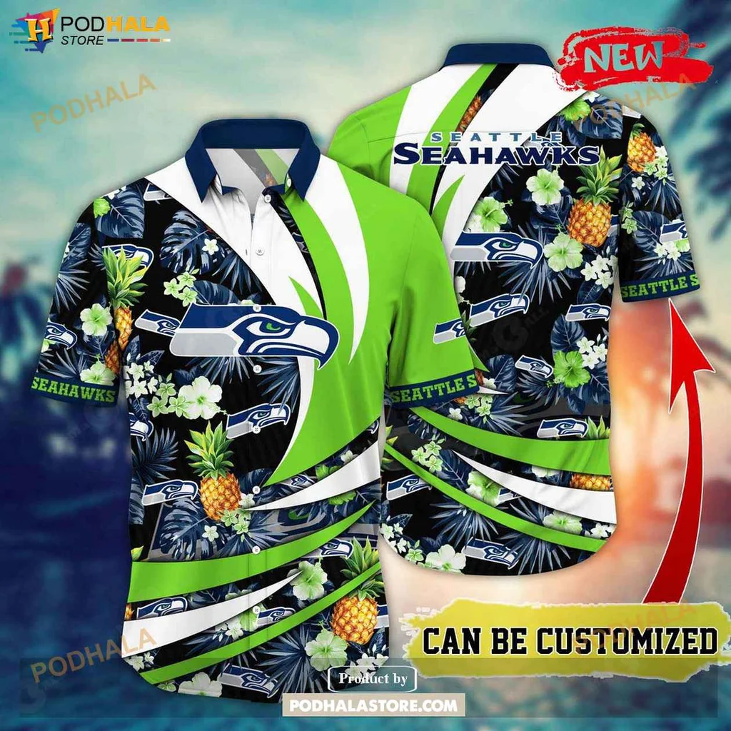 Vibrant Seahawks Aloha Shirt, Personalized Summer Football Tee With Flowers And Pineapples