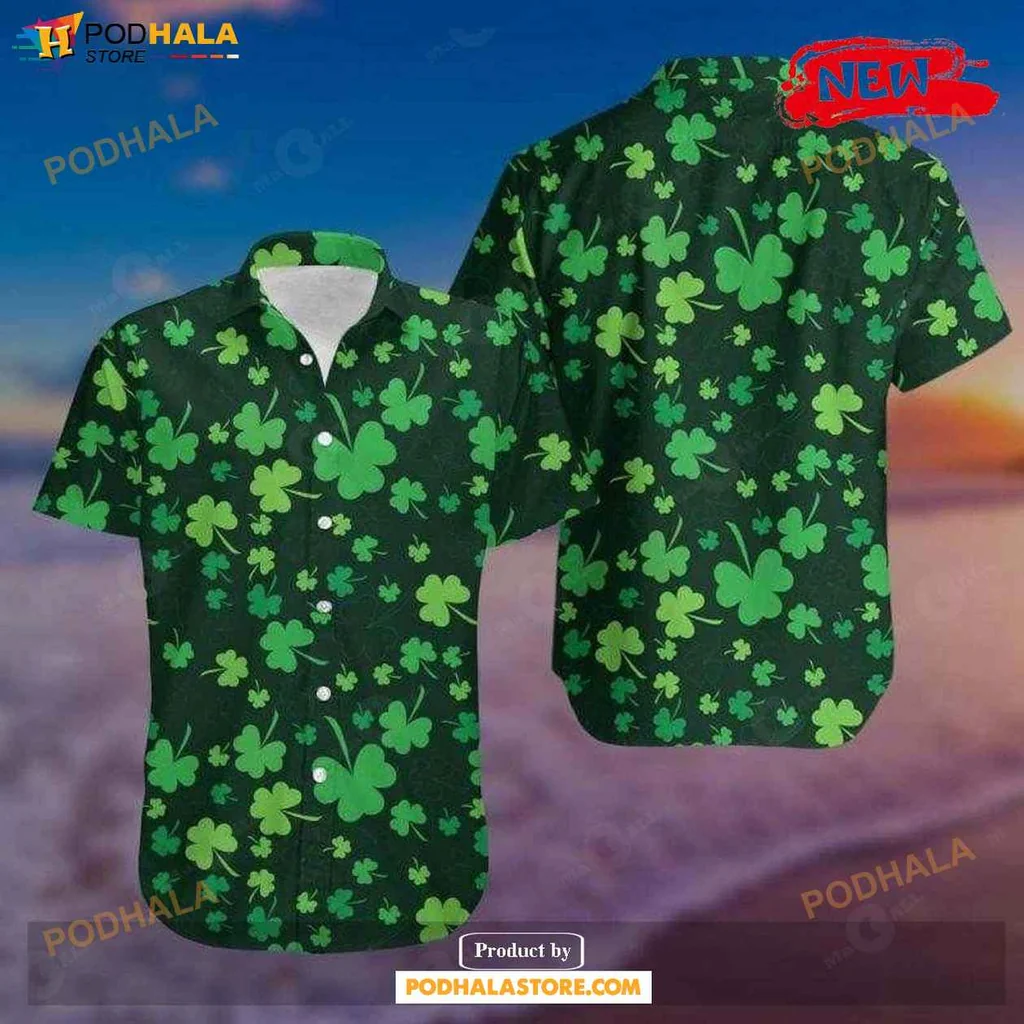 Vibrant Shamrock Aloha Shirt, Festive Green Pattern For Saint Patricks Day Celebrations