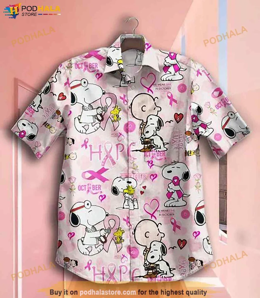 Vibrant Snoopy Breast Cancer Hawaiian Shirt, Playful Design With Pink Ribbons