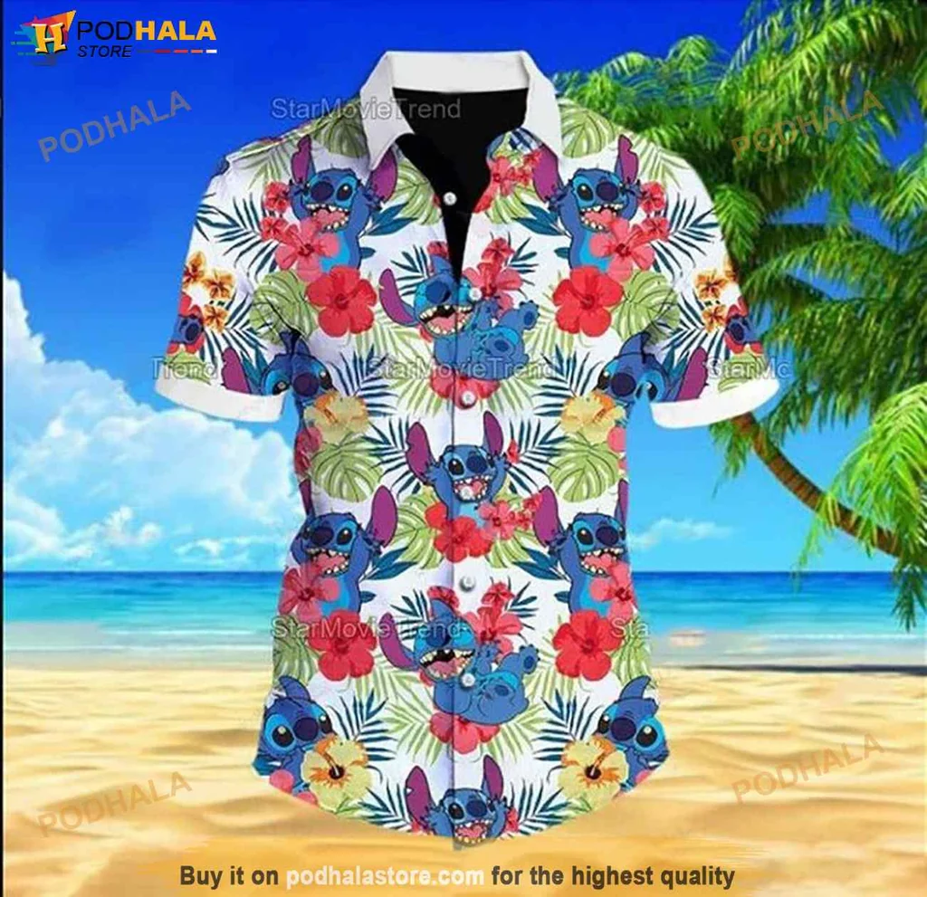 Vibrant Stitch Aloha Hawaiian Shirt With Cartoon Stitch And Tropical Flowers