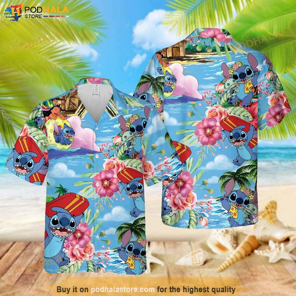 Vibrant Stitch Aloha Shirt, Lilo And Stitch Summer Beach Button Down Shirt