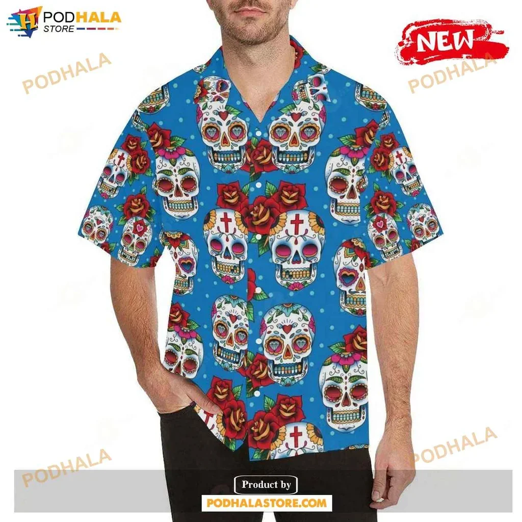 Vibrant Sugar Skull Aloha Shirt With Colorful Roses, Festive Casual Wear For Men And Women